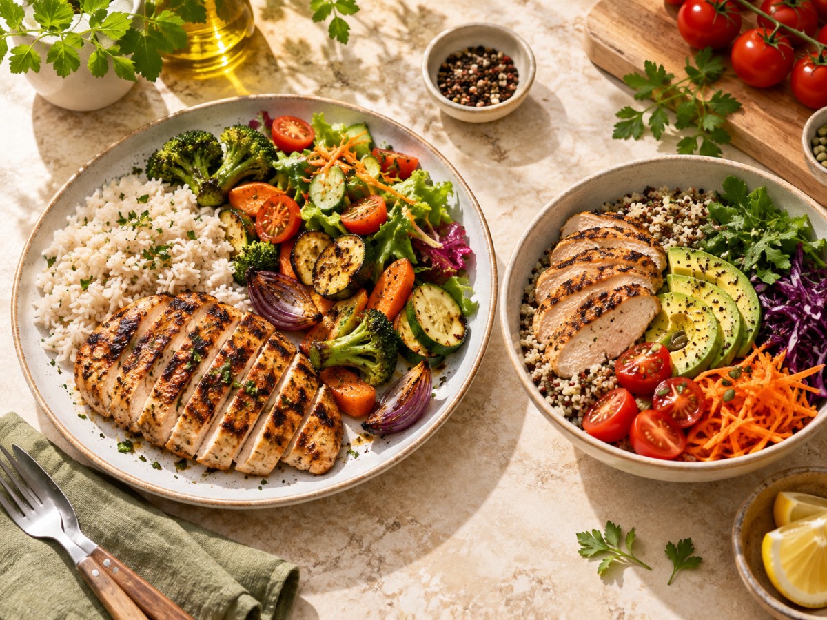 Almoço com frango grelhado, legumes e salada