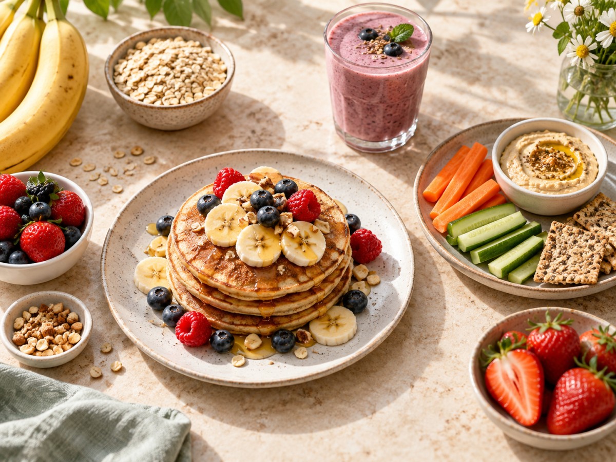 Café da manhã com panquecas de aveia, frutas e smoothie