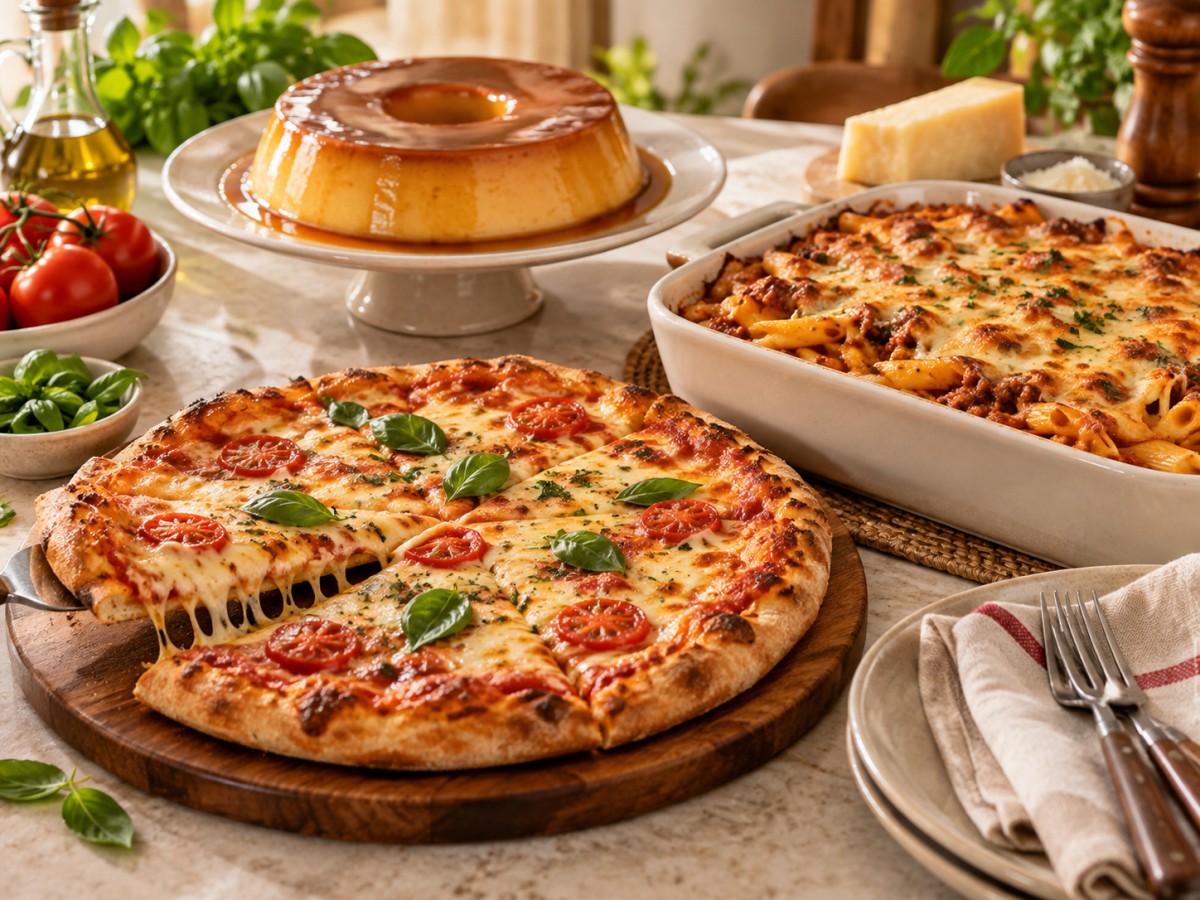 Pizza, massa assada e pudim da coleção clássica